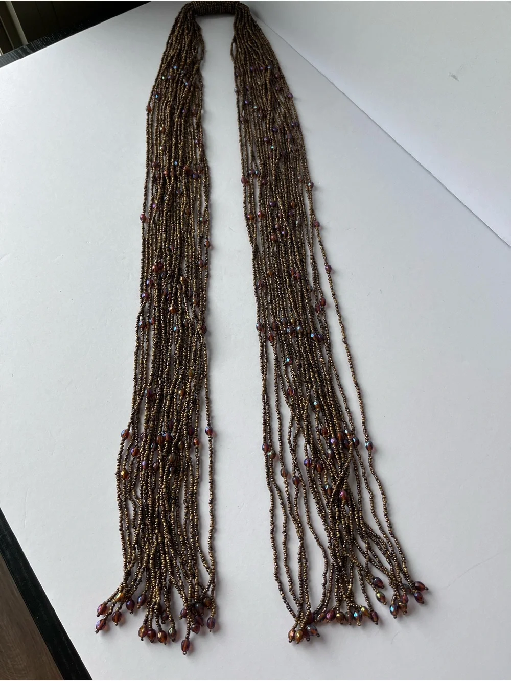 Brown Beaded Long Statement Necklace Tassels Lariat
